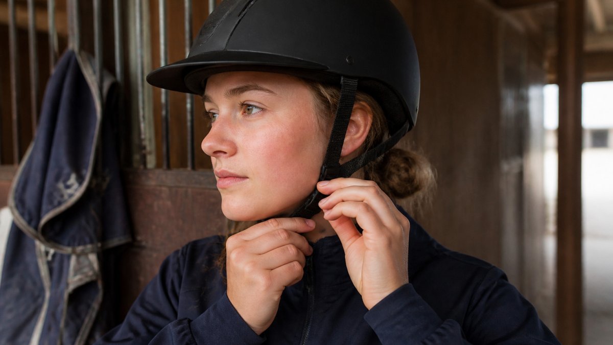 Rider adjusting the chin strap of an equestrian helmet for a secure fit