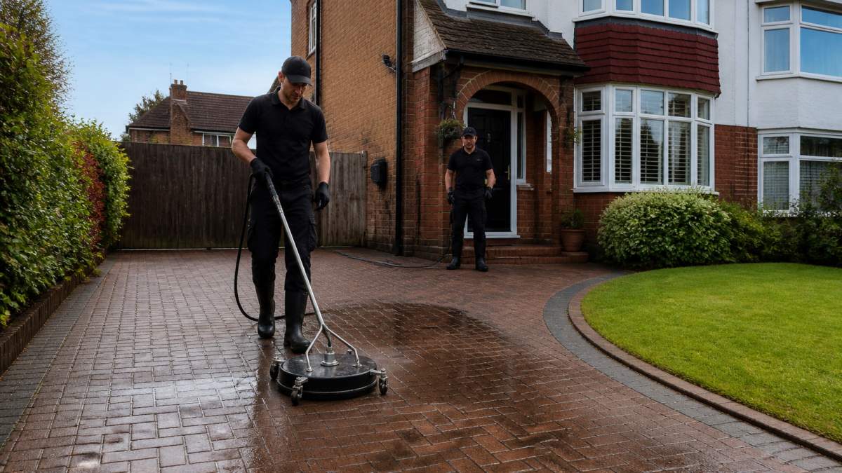 Freshly cleaned block paving on a driveway boosting the curb appeal of a neat semi-detached house in Bolton.