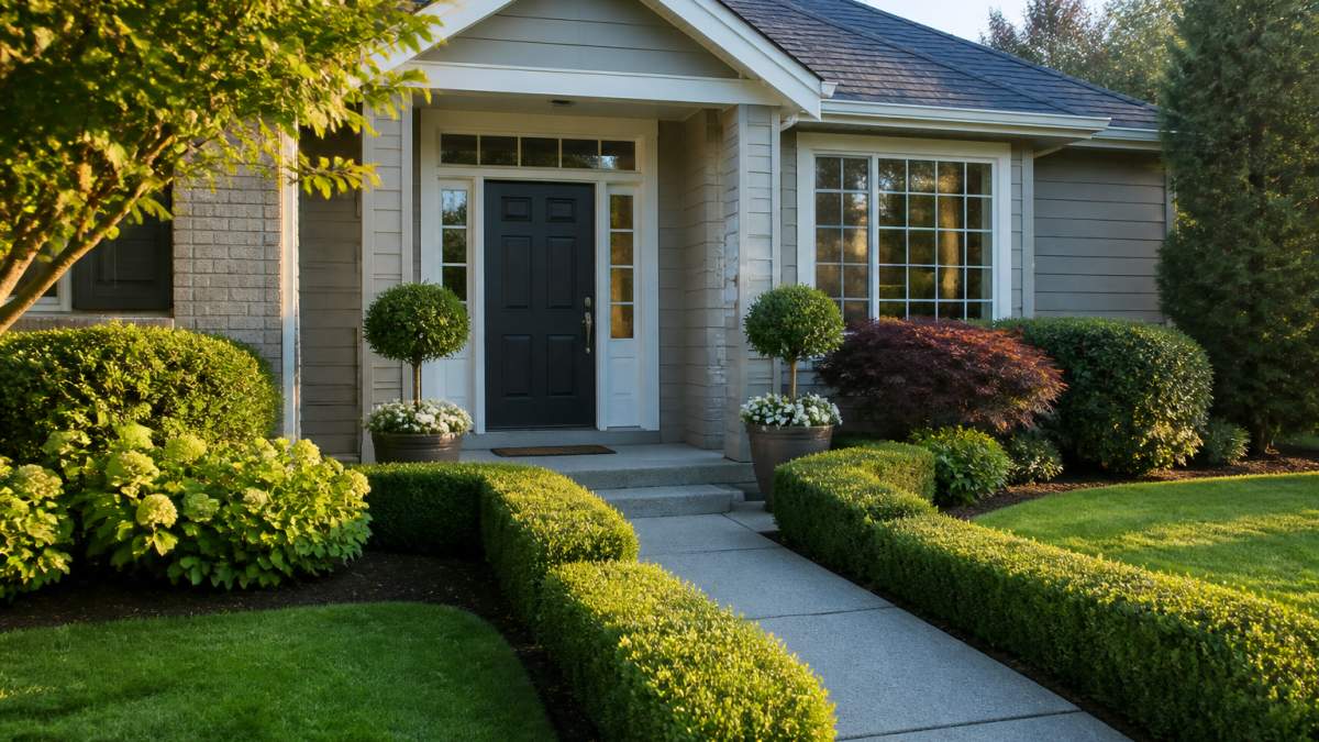 Suburban home with a freshly painted front door and trimmed hedges reflecting exterior upgrades in soft sunlight.
