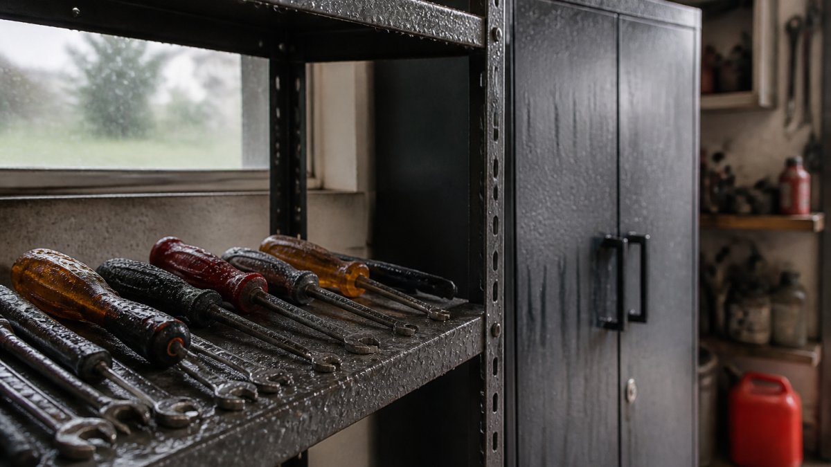 A garage interior on a damp morning with visible condensation beading on a metal shelf and hand tools, water droplets running down a steel cabinet door under flat grey light