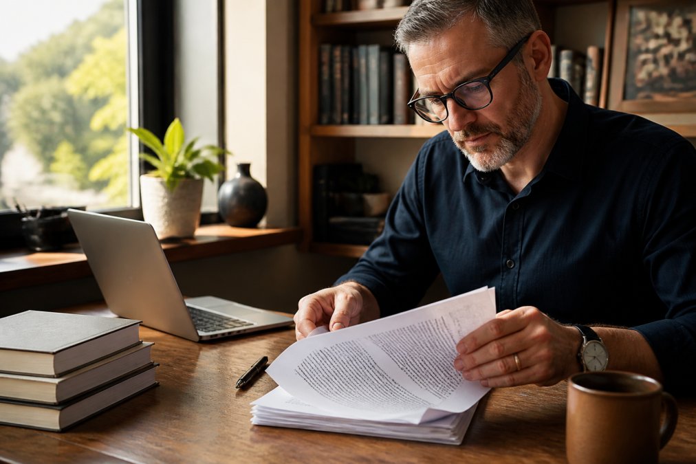Author reviewing book proofs and a digital ghostwriting platform dashboard in a sunlit home office workspace.