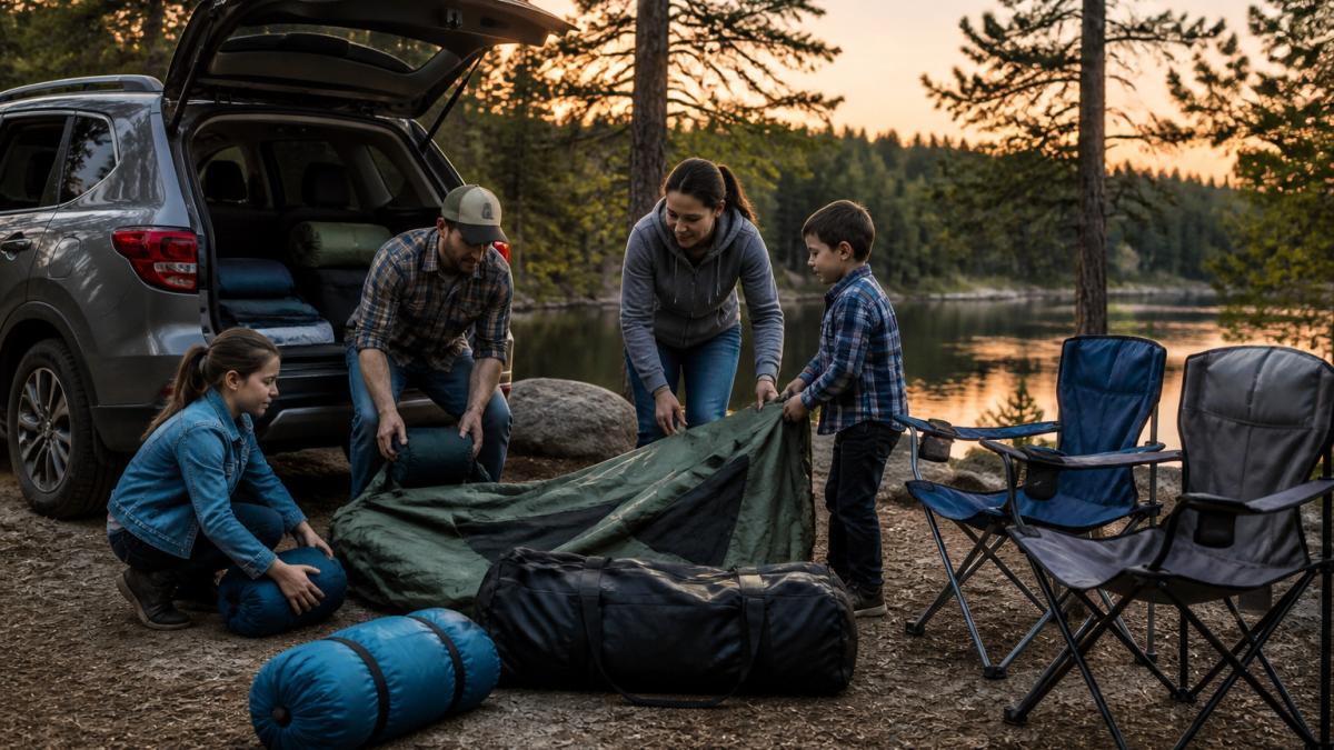 Family of four setting up gear near their SUV, sourced from various outdoor store alternatives at a campsite.