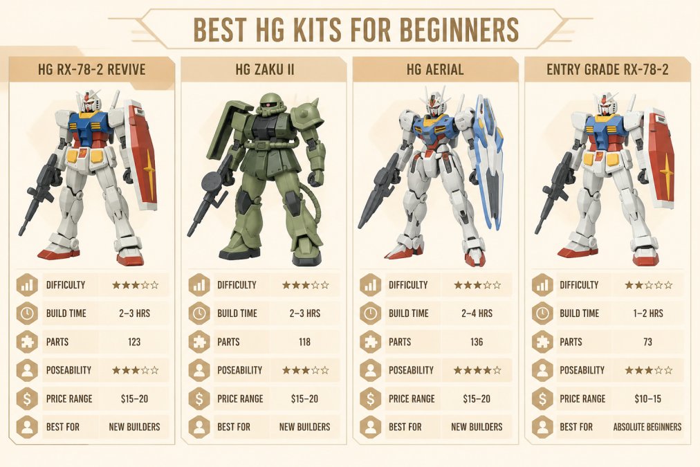 HG RX-78-2 Revive, Zaku II, Aerial, and Entry Grade gundam kits displayed side by side on a tabletop.