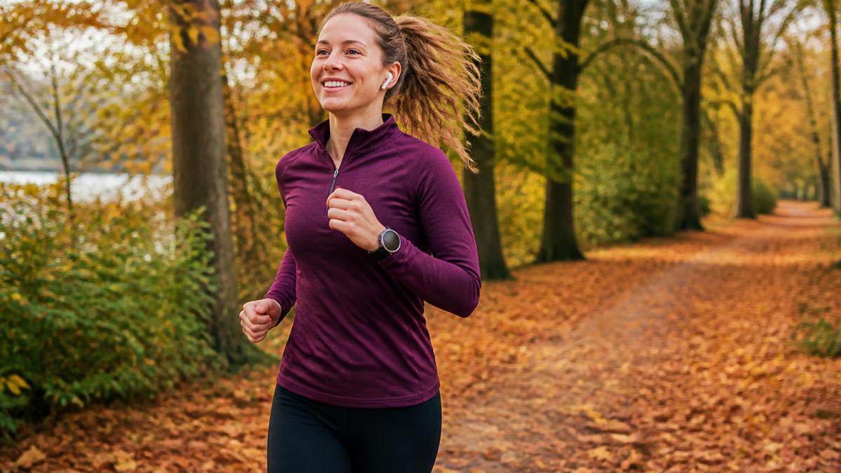 A determined runner wearing earbuds and a watch jogging through autumn leaves during Halloween virtual races