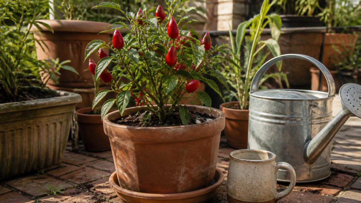 Compact pepper plant with red teardrop-shaped fruits growing in a terracotta pot on a sunny patio with a watering can.