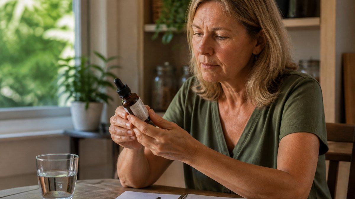 Infographic showing a step-by-step process for reviewing information on a glass bottle of herbal tincture.