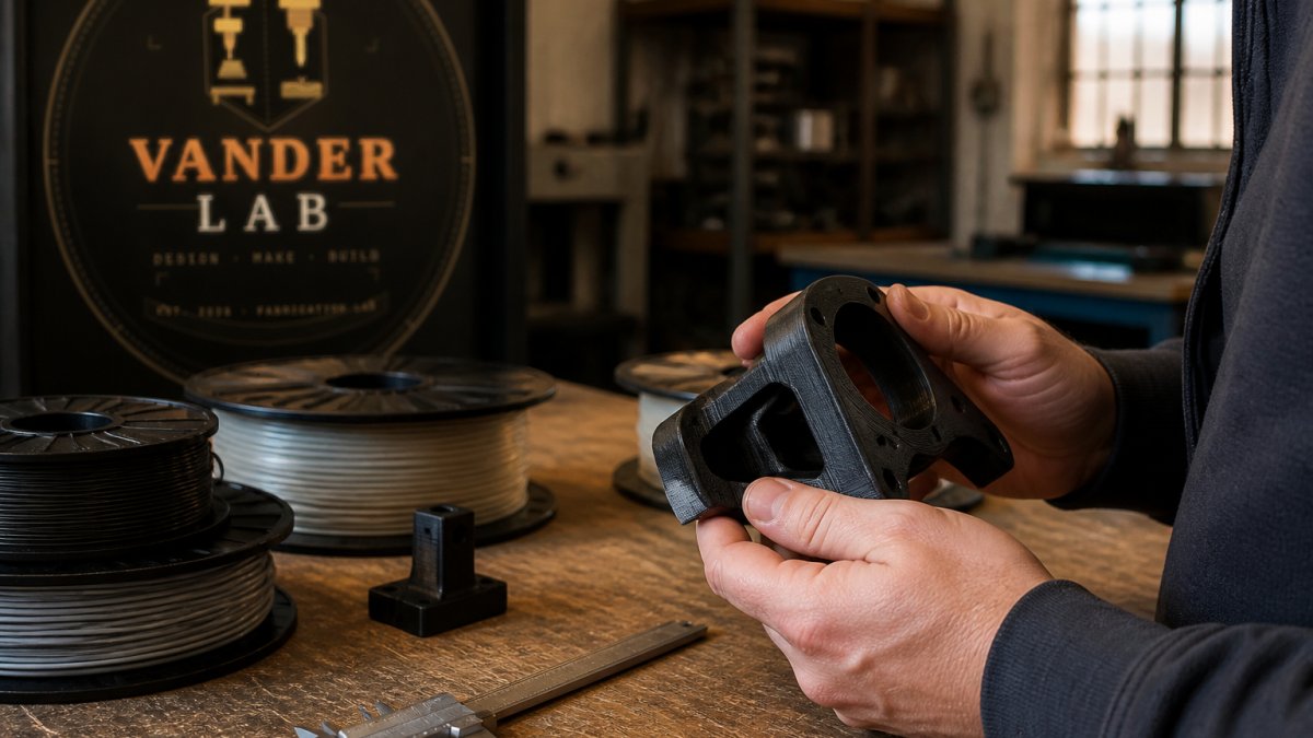 Mechanical engineer holding a 3D-printed part with filament and calipers for industrial 3D printing tasks.