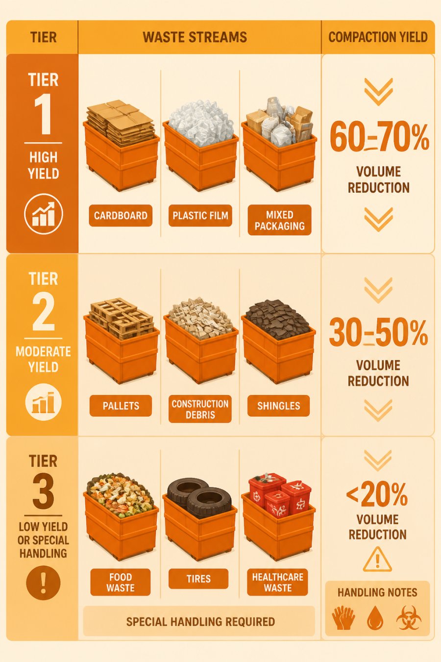 Ranked matrix of waste streams by compaction yield with three tiers: Tier 1 high yield (cardboard, plastic film, mixed packaging) at 60-70% volume reduction; Tier 2 moderate yield (pallets, construction debris, shingles) at 30-50%; Tier 3 low yield or special handling (food waste, tires, healthcare waste) under 20% with handling notes