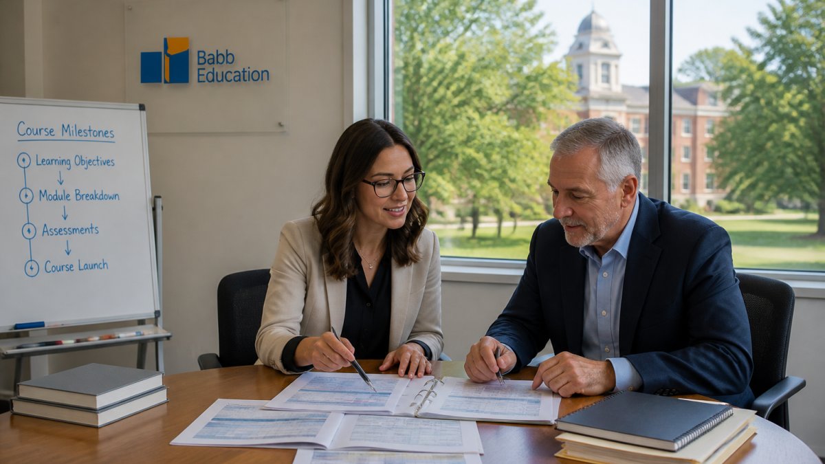 Instructional designer and administrator reviewing grant-funded instructional design services on a laptop.