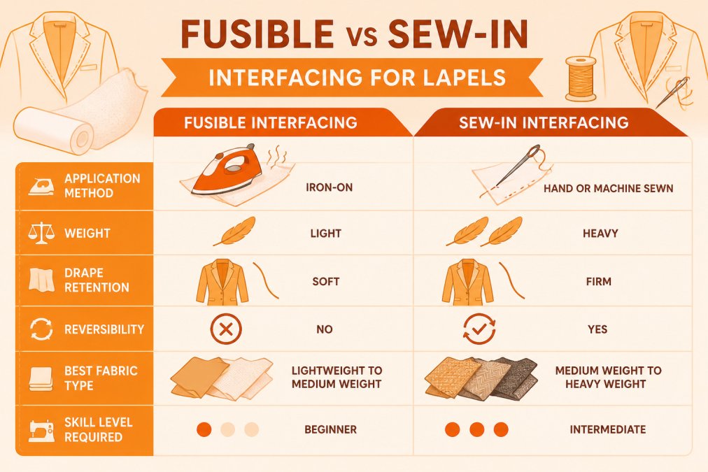 Comparison matrix detailing the application, weight, and drape qualities of fusible versus sew-in interfacing.