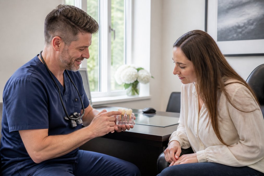 A dentist and a patient examining a dental implant model across a desk in a bright, modern consultation room, with natural light from a window and a calm, unhurried atmosphere