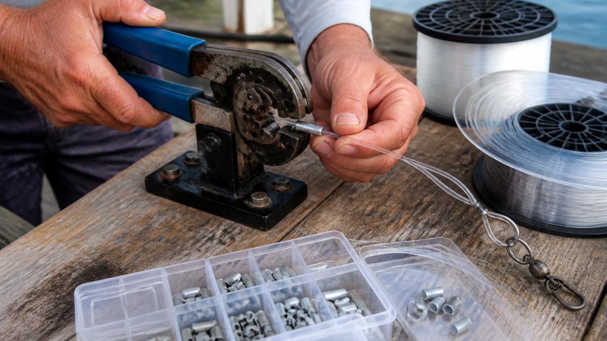 Angler using a bench crimping tool to secure oval leader sleeve material onto heavy monofilament on a dock workbench