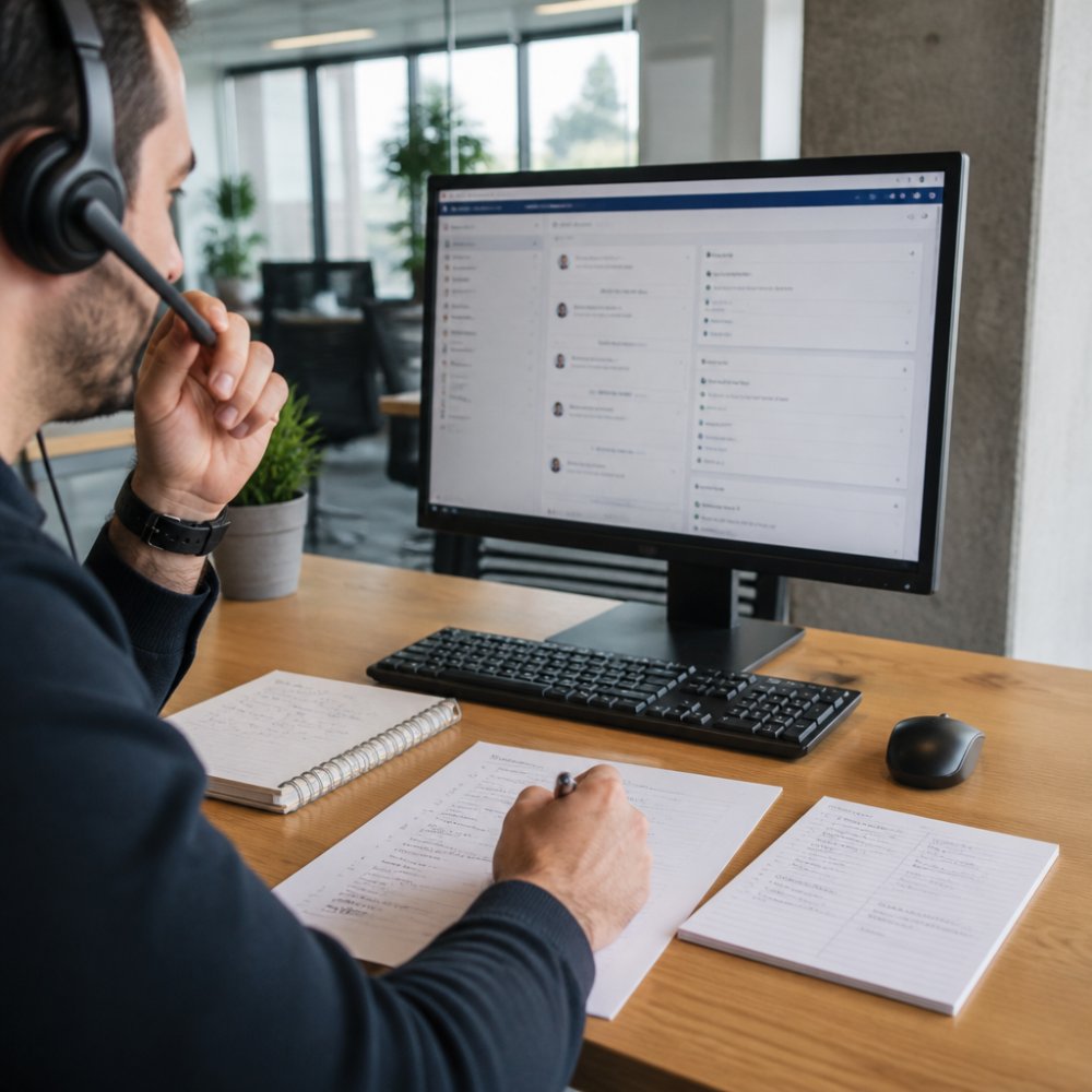 Sales team member conducting outbound call at desk with CRM dashboard visible on monitor, prospect notes and call script nearby, modern office environment with natural lighting