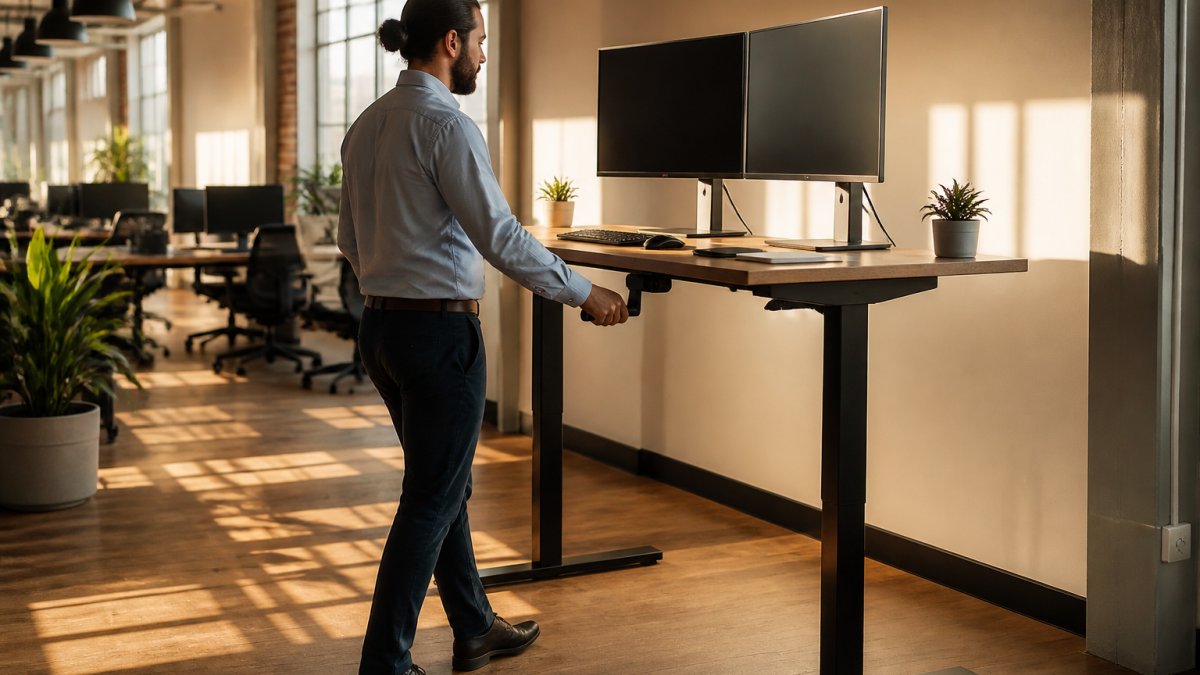Person adjusting the height of a manual standing desk with a wooden desktop and dual monitors in an office.