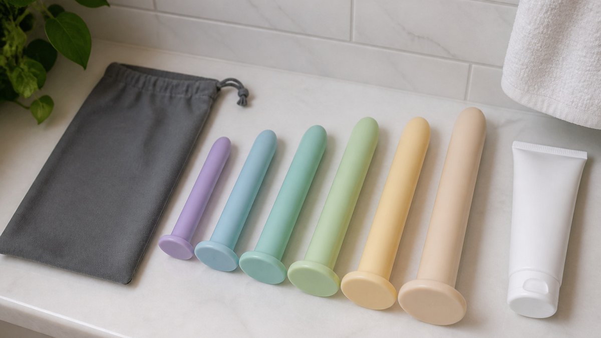 Graduated smooth dilators, a travel pouch, and lubricant on a shelf