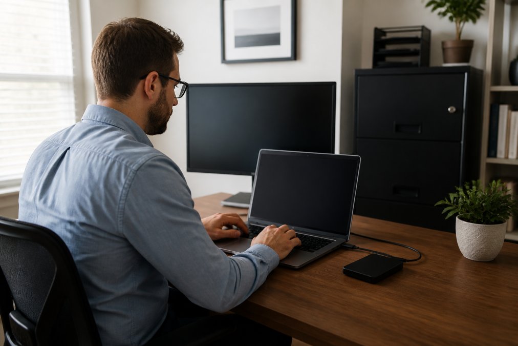 Professional working securely at home office with laptop, external monitor, locked filing cabinet with confidential documents, privacy screen visible, and encrypted external hard drive on desk, demonstrating proper physical and digital security setup