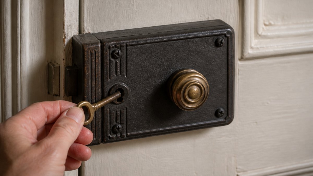 A hand turns a vintage brass key in a cast iron rim lock on a painted timber door, showcasing authentic period door locks.