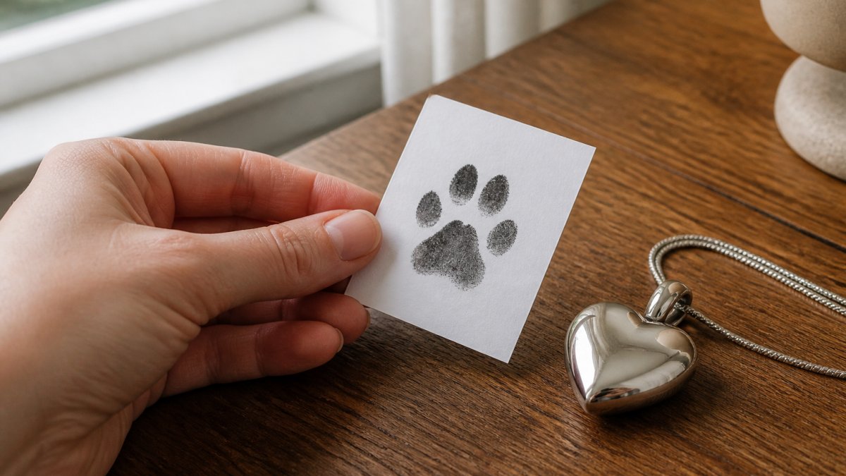 Close-up of a hand holding a small ink paw print card beside a silver heart pendant on a wooden table, soft daylight from a window