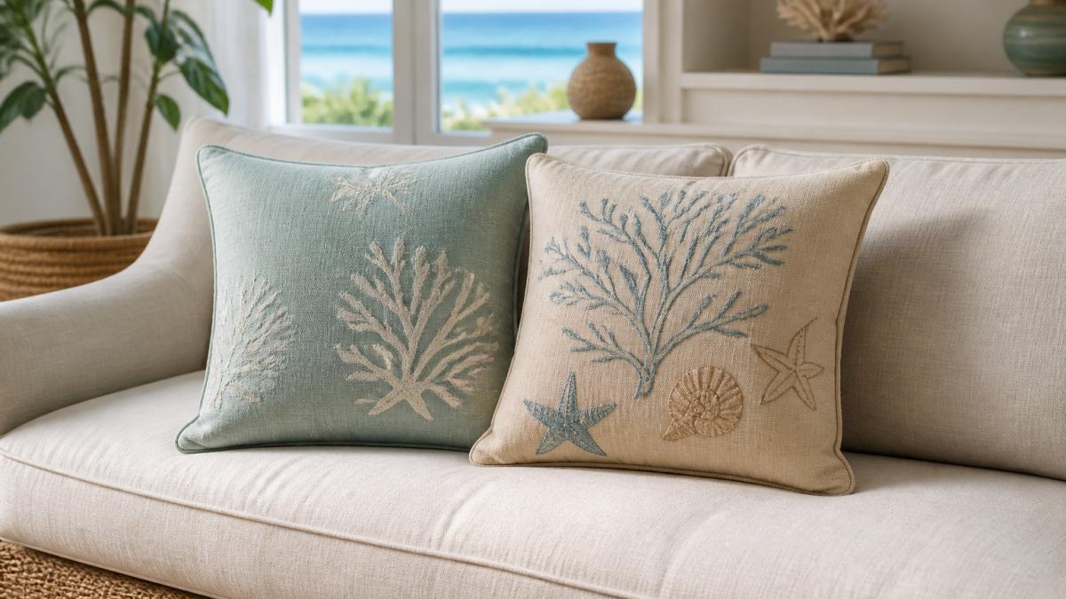 Two personalized coastal throw pillows on a linen sofa in a bright living room with a natural seagrass rug.