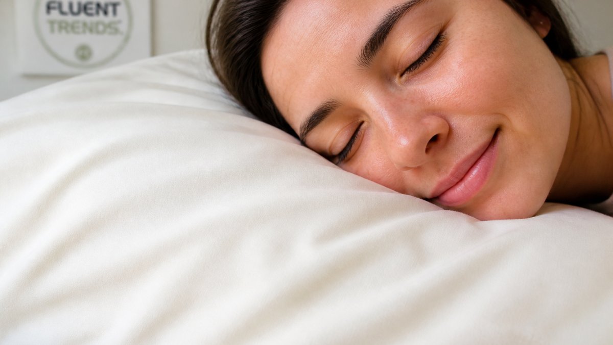 Close-up of a person's cheek resting gently against creamy milk fibre pillowcase fabric, showing smooth texture and delicate skin contact in soft morning light