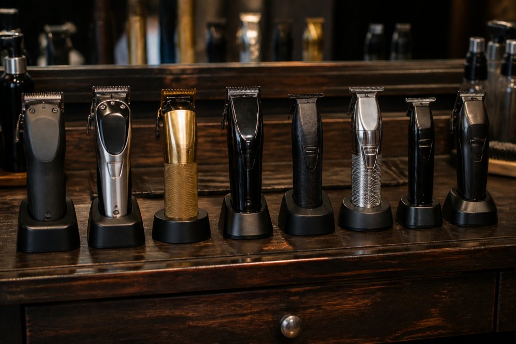 A row of professional cordless trimmers lined up on a dark wooden barber station, each showing distinct body styles and blade designs under warm overhead lighting