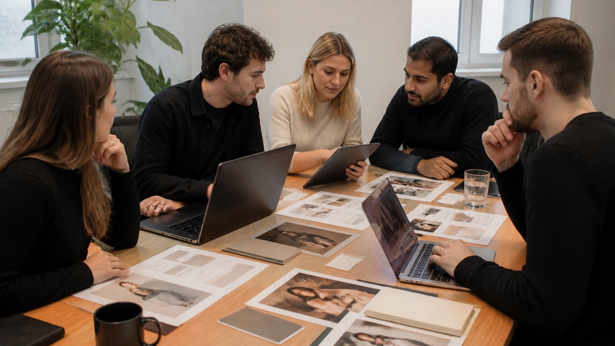 Professional creative team gathered around conference table reviewing project work on laptops and tablets, with design mockups, feedback notes, and campaign briefs visible, natural office lighting