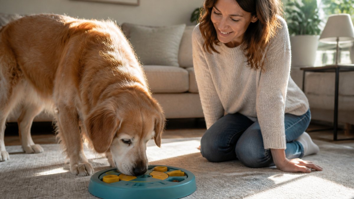 Senior golden retriever sniffing a treat puzzle on a rug while an owner kneels nearby in morning light
