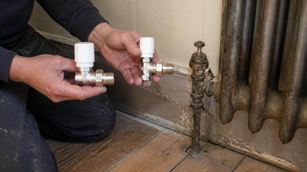 Diagram comparing straight and angled radiator valves for older flats against traditional Victorian brass pipework.