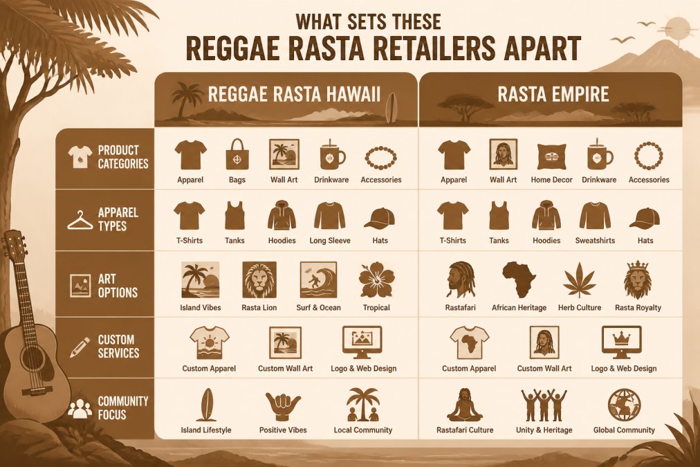 Comparison matrix showing product categories, apparel types, art options, custom services, and community focus for Reggae Rasta Hawaii vs Rasta Empire