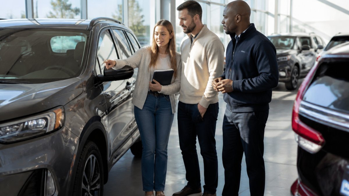 Couple consulting with a salesperson about an affordable vehicle in a bright car dealership showroom