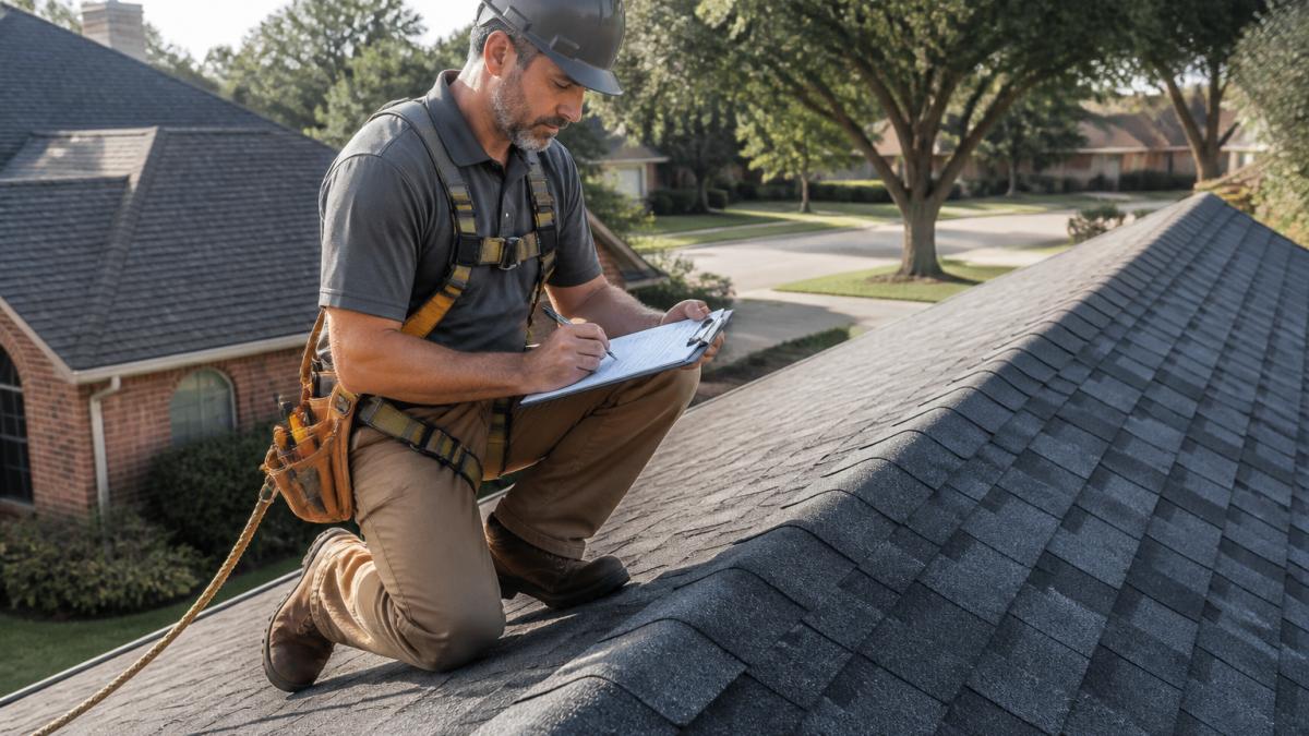 Professional roofer in safety harness inspecting residential roof with clipboard, demonstrating proper workmanship and attention to detail during inspection