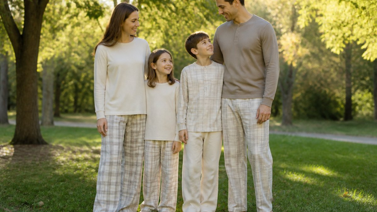 A family of four in coordinated cream and plaid outfits standing on a grassy field in soft morning light.
