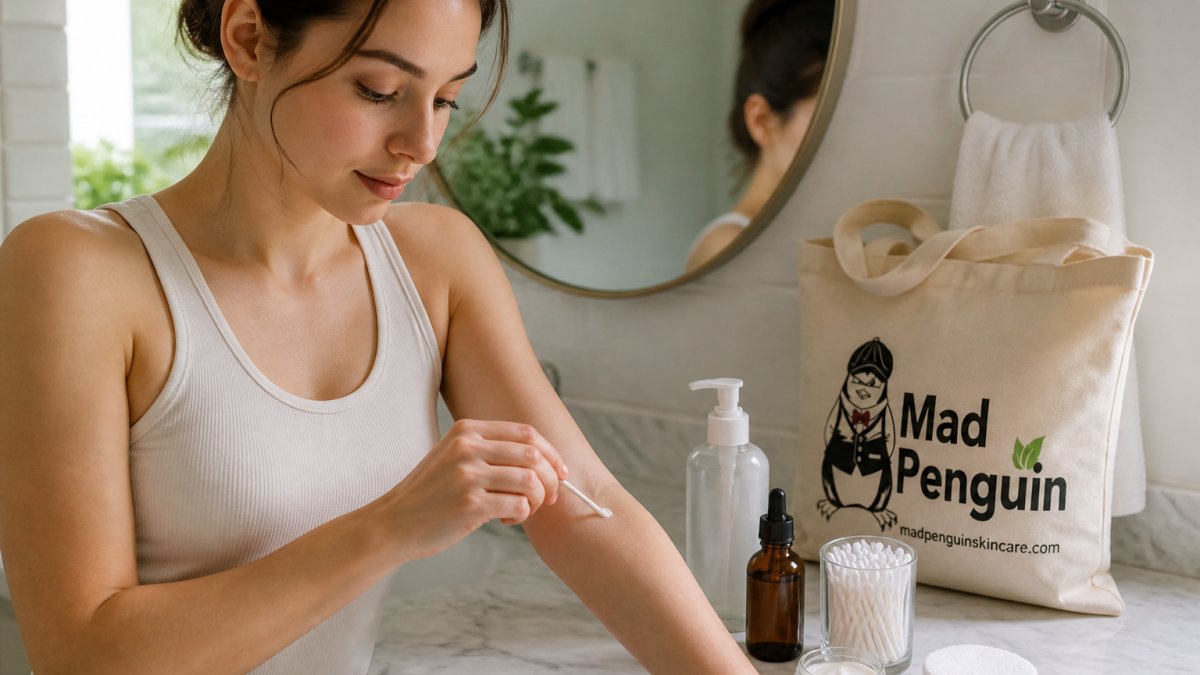 Close-up of a woman applying a small dab of cream to the inside of her forearm with a cotton swab, bathroom counter with a mirror and skincare bottle in soft natural light