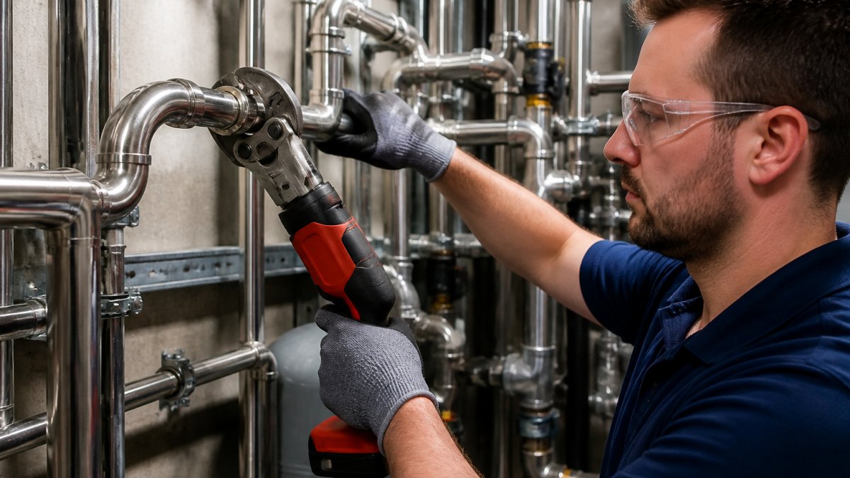 A plumber in safety glasses and gloves using a cordless press tool on a 15 mm stainless steel elbow in a commercial plant room, with pipe runs and fittings visible in the background