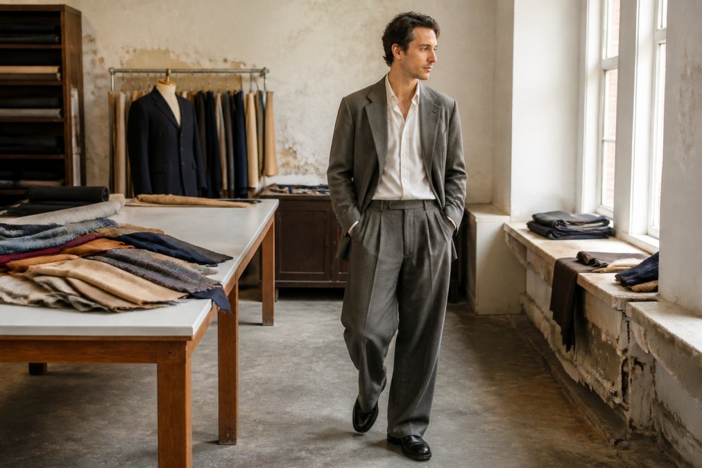 A man wearing a softly constructed unstructured jacket with relaxed wide-leg trousers, standing in a bright tailor's studio with fabric swatches on a table nearby