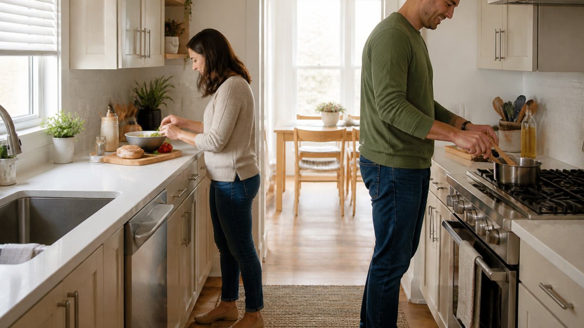 Compact U-shaped kitchen featuring a 12-inch-deep base cabinet run and a continuous light-colored countertop.