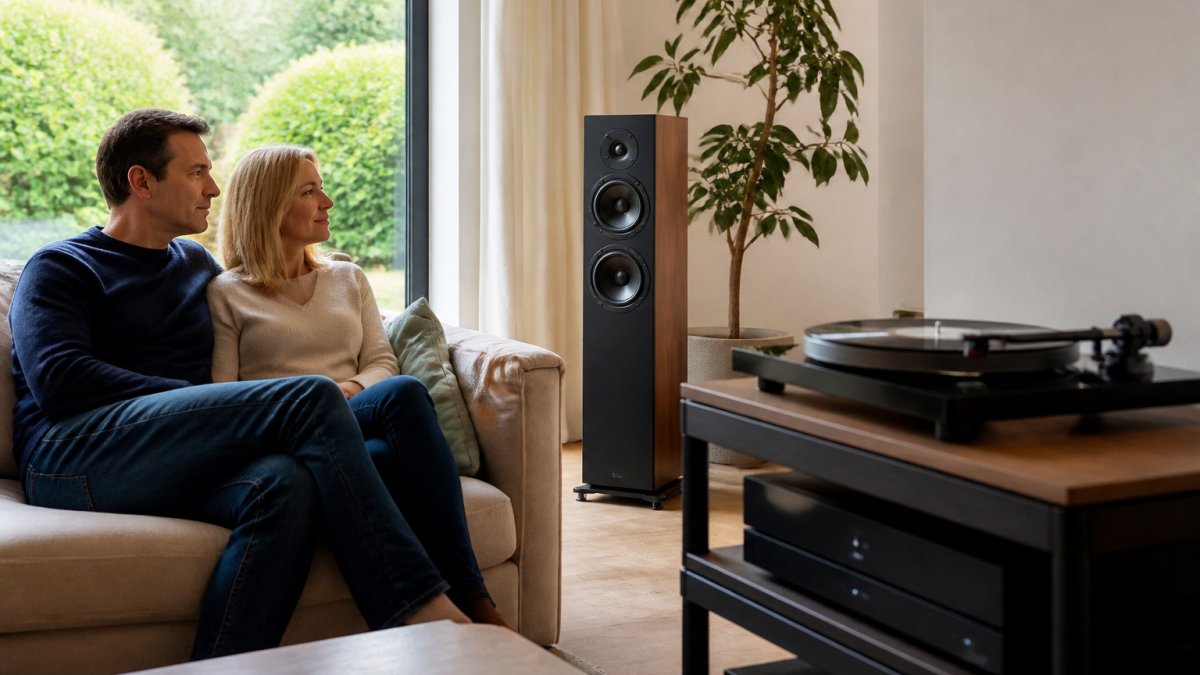 A couple listens to a turntable and floorstanding speaker during private demonstrations in a calm living room.