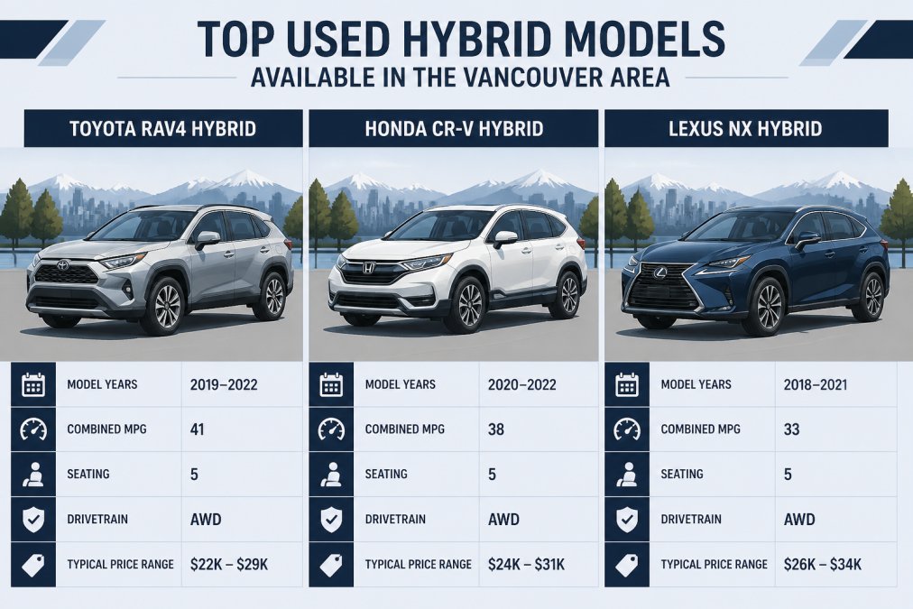 Row of three used hybrid vehicles parked side by side on a sunny day, displaying a Toyota RAV4 Hybrid in silver, Honda CR-V Hybrid in white, and Lexus NX Hybrid in dark blue, showing their distinct profiles and modern styling under natural daylight