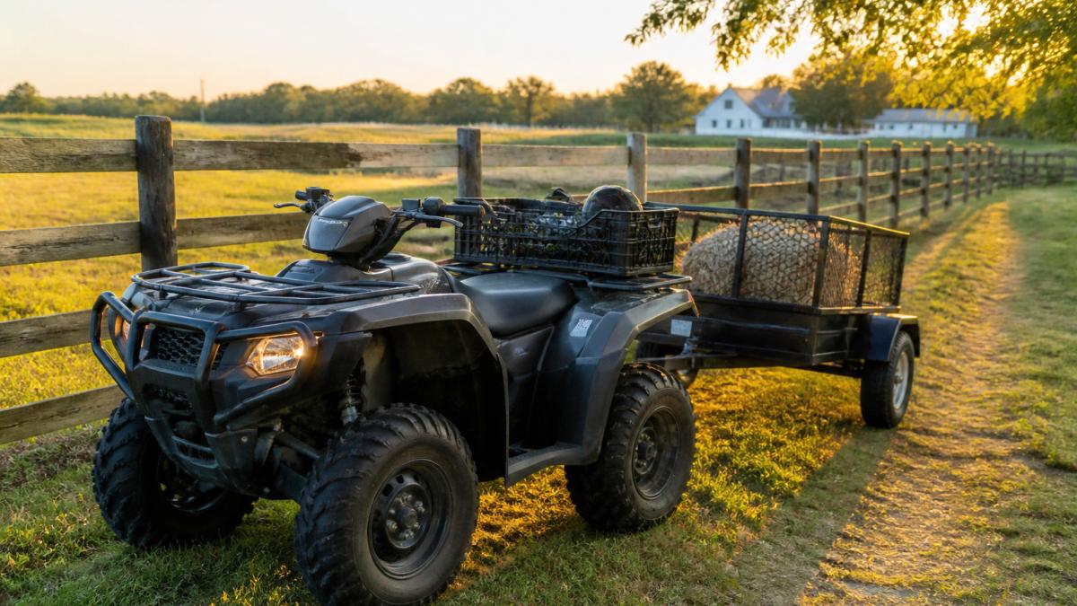 Utility ATV with a cargo trailer parked along a rural New Jersey fence line during the golden hour.