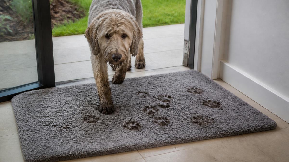 A dog with muddy paws stepping onto a soft gray fuzzy mat placed by a doorway with visible prints