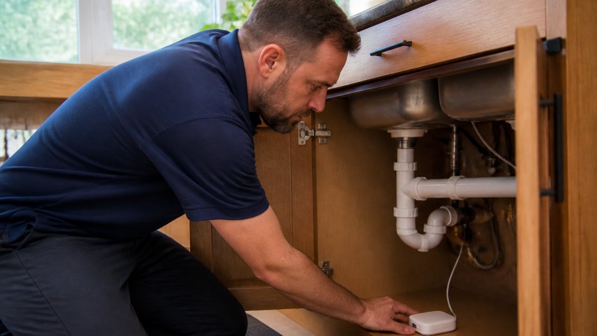 Homeowner installing a water leak sensor near the drain pipes under a kitchen sink to prevent potential damage.