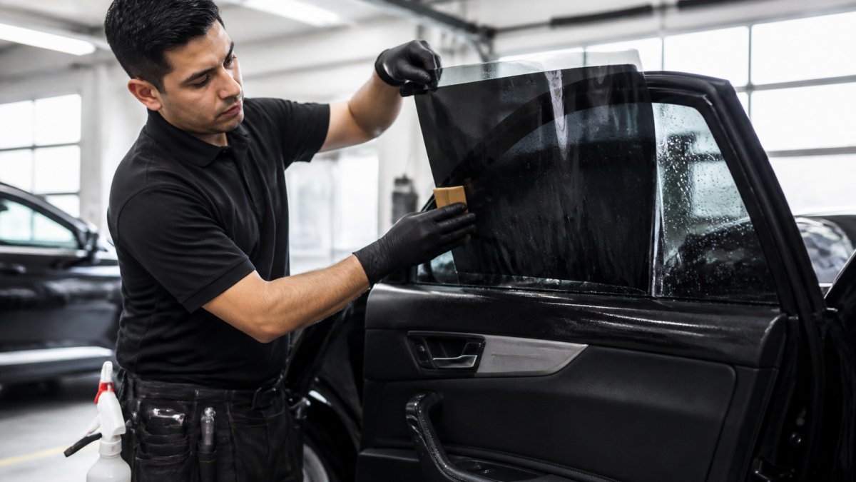 Professional technician carefully applying ceramic window tint film to vehicle window in bright, modern auto shop with precision tools and equipment visible