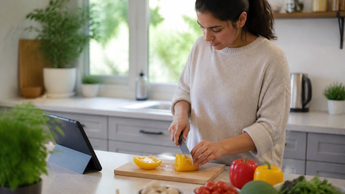 Home cook following a recipe from cooking channels on a tablet in a bright kitchen with fresh vegetables