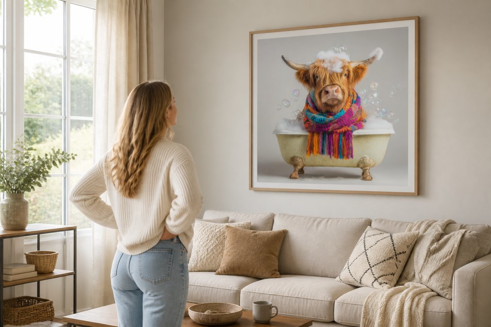 Homeowner examining canvas print at eye level on living room wall, assessing color compatibility with neutral furnishings and natural lighting from window