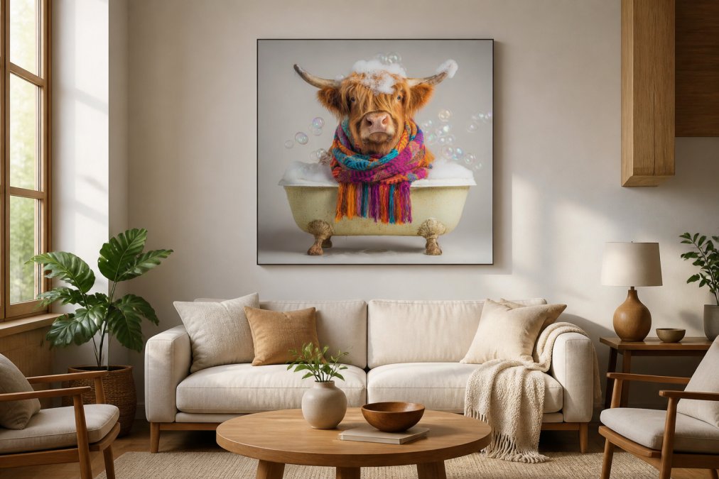 Bright modern living room with whimsical Highland cow canvas art displayed prominently above neutral sofa, complementing contemporary furniture with warm wood accents and soft natural lighting from large window