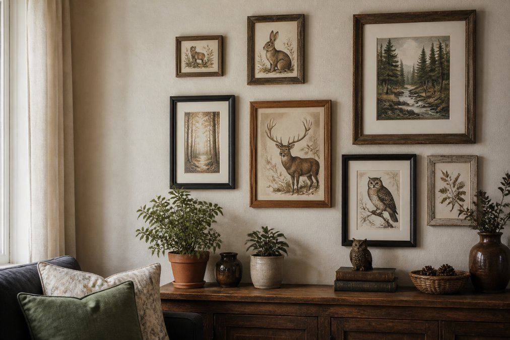 A living room corner featuring a curated gallery wall with multiple nature-inspired woodland prints in varying frame styles, showing deer, owls, and forest scenes arranged with intentional spacing above a vintage wooden shelf
