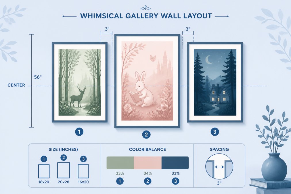 Close-up of a carefully arranged gallery wall section showing three framed fairytale-inspired prints with complementary colors, a sage green woodland scene, a blush-toned illustration, and a piece with deeper forest tones, demonstrating balanced color composition