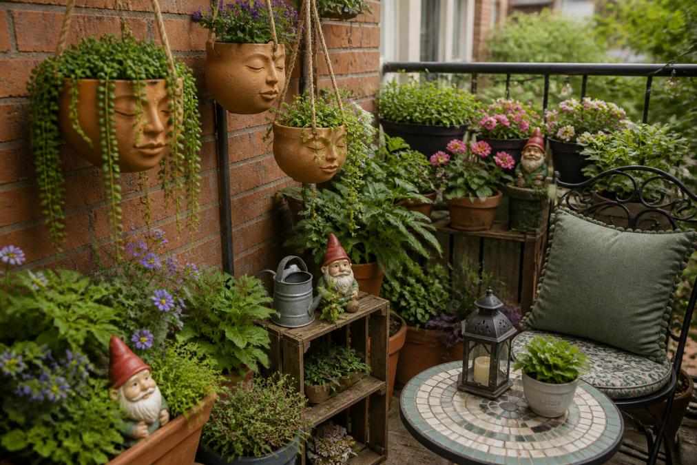 A compact patio with layered decor showing hanging face planters at varying heights, small gnome ornaments tucked among potted plants, and vintage accents creating visual depth and whimsical atmosphere