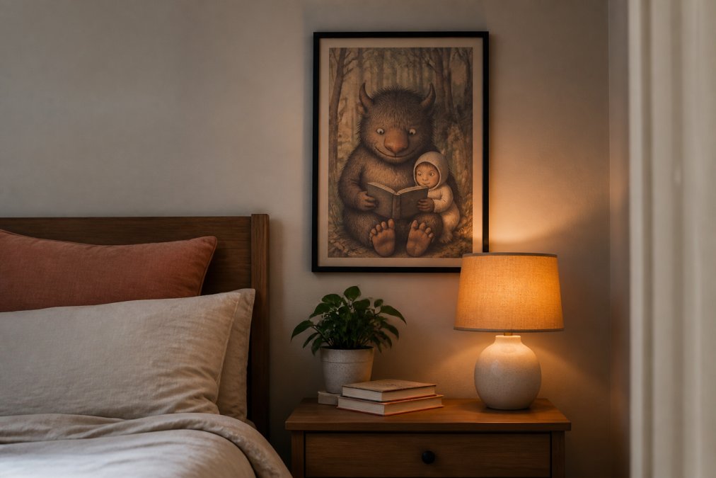 A cozy bedroom corner with a whimsical character art print in a thin black frame above a wooden nightstand, styled with a small plant, a stack of books, and a warm lamp casting soft light on the wall