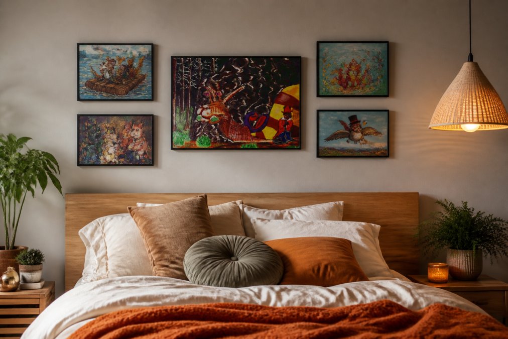 Cozy bedroom with a gallery wall arrangement of framed whimsical art prints above a bed, showing multi-panel canvas arrangements with vibrant character illustrations in satin finishes catching soft bedroom light